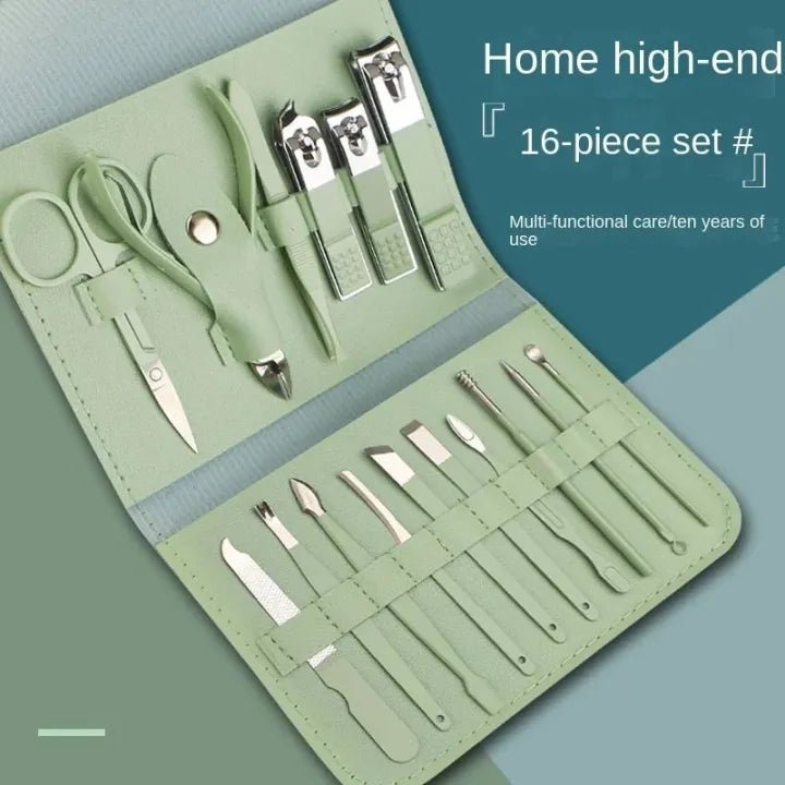 "16-in-1 Professional Manicure & Pedicure Kit – Stainless Steel Grooming Set with Leather Travel
