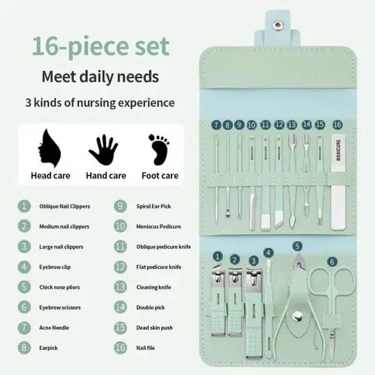"16-in-1 Professional Manicure & Pedicure Kit – Stainless Steel Grooming Set with Leather Travel