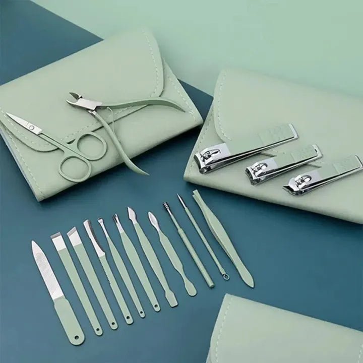 "16-in-1 Professional Manicure & Pedicure Kit – Stainless Steel Grooming Set with Leather Travel
