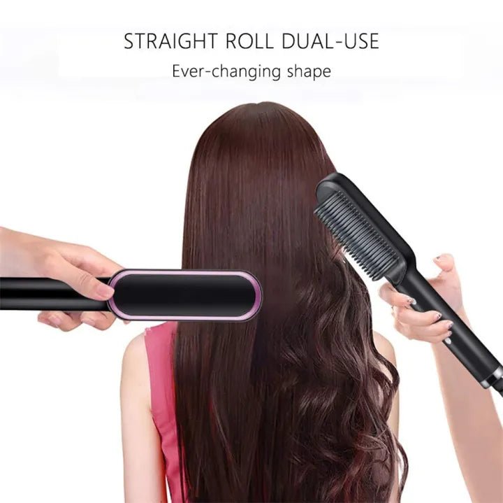 "2-in-1 Electric Hair Straightener & Curler – Heating Styling Brush & Comb | Multi-Color Model 909"