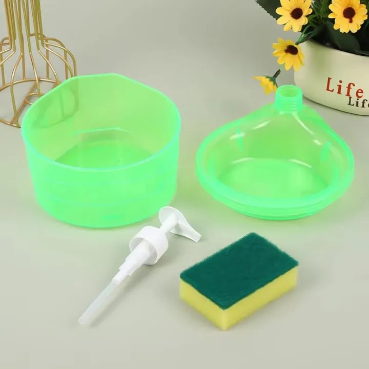 "2-in-1 Liquid Soap Dispenser with Sponge Caddy | Elegant Chrome Plastic Pump Bottle.