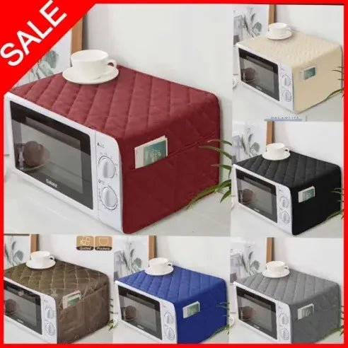"Dustproof Decorative Microwave Oven Cover – Universal Fit with 4 Side Storage Pockets,