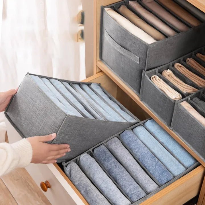 "Premium 6-Grid Wardrobe Clothes Organizer – Foldable Jeans & Drawer Storage Box.